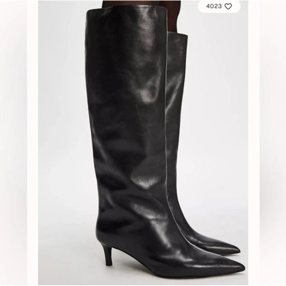 Free People Kiki Knee High Kitten Heel Boots Womens Size 7 Black Leather Pull On
